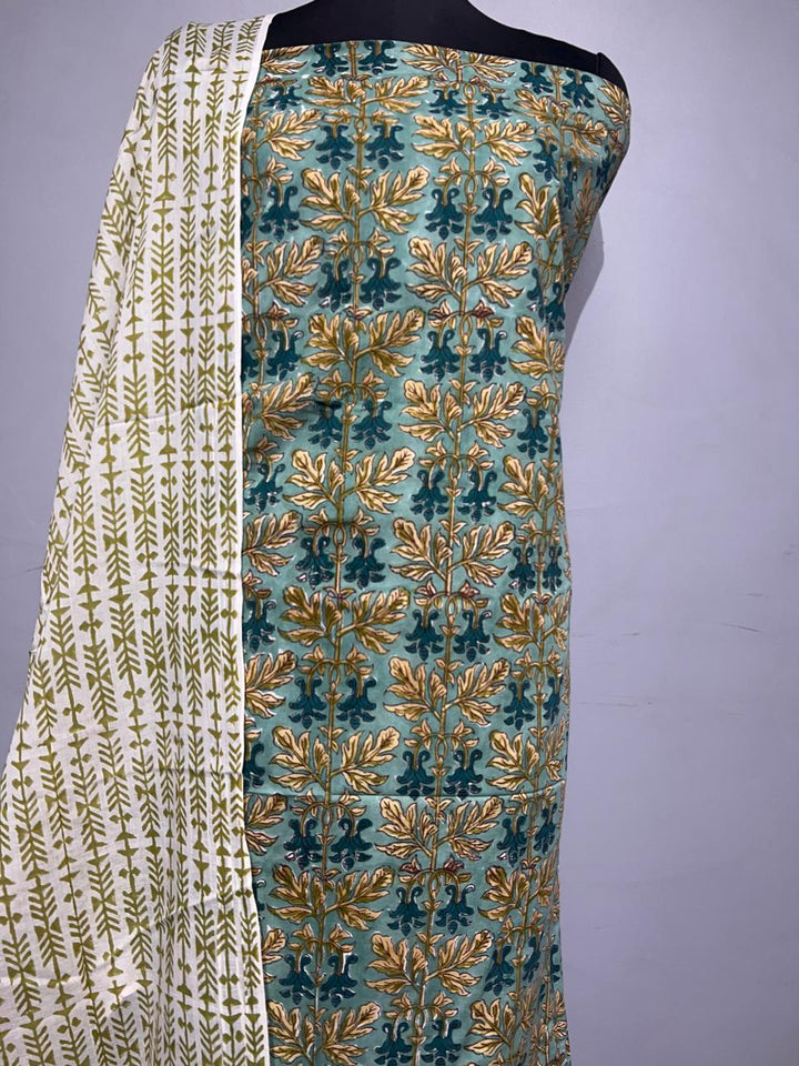 Pure Cotton Hand Block Print Unstitched Suit With Cotton Dupatta