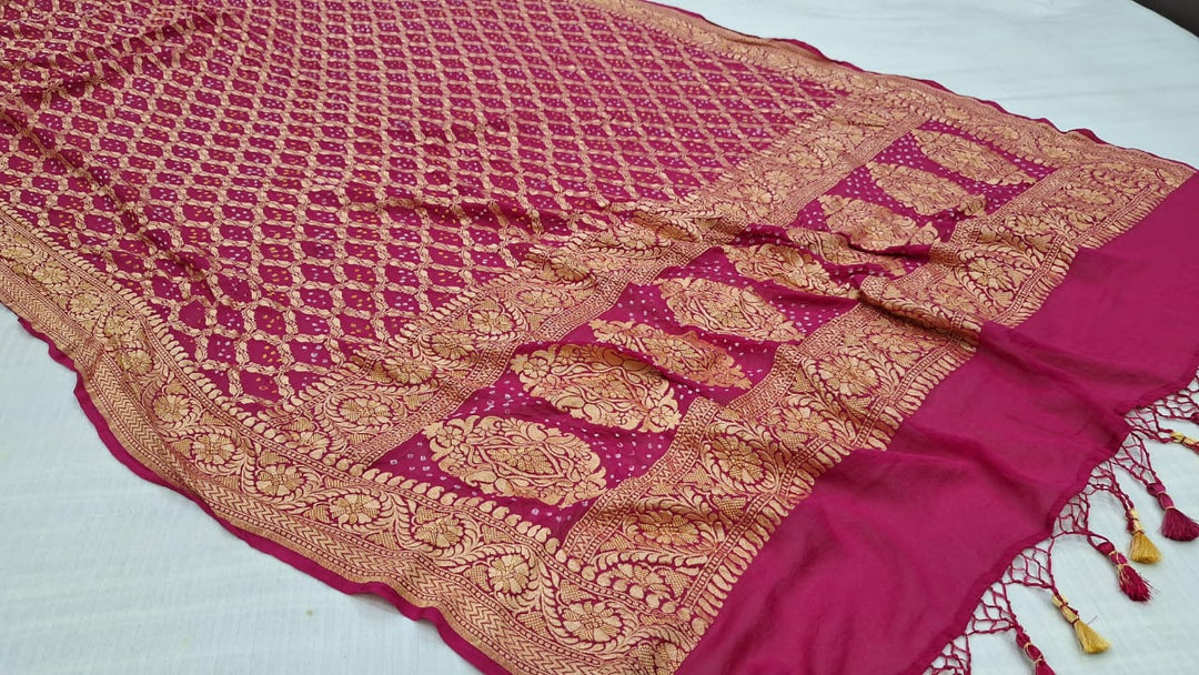 Pure Banarasi Handloom Khaddi Georgette Silk Dupatta With Bhandhej Print. ( Length-2.5 Meter )