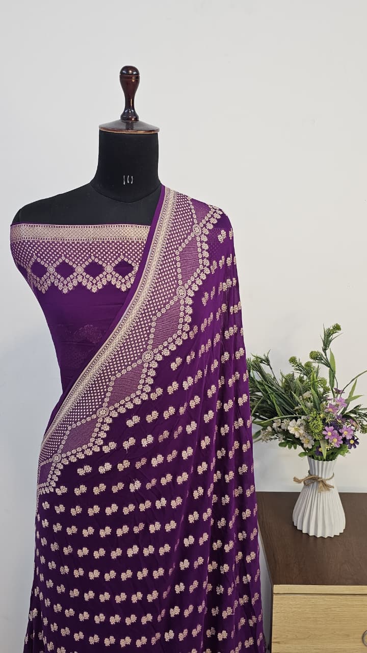 Pure Banarasi Handloom Khaddi Georgette Silk Water Zari Work Saree. | NEW EDITION |