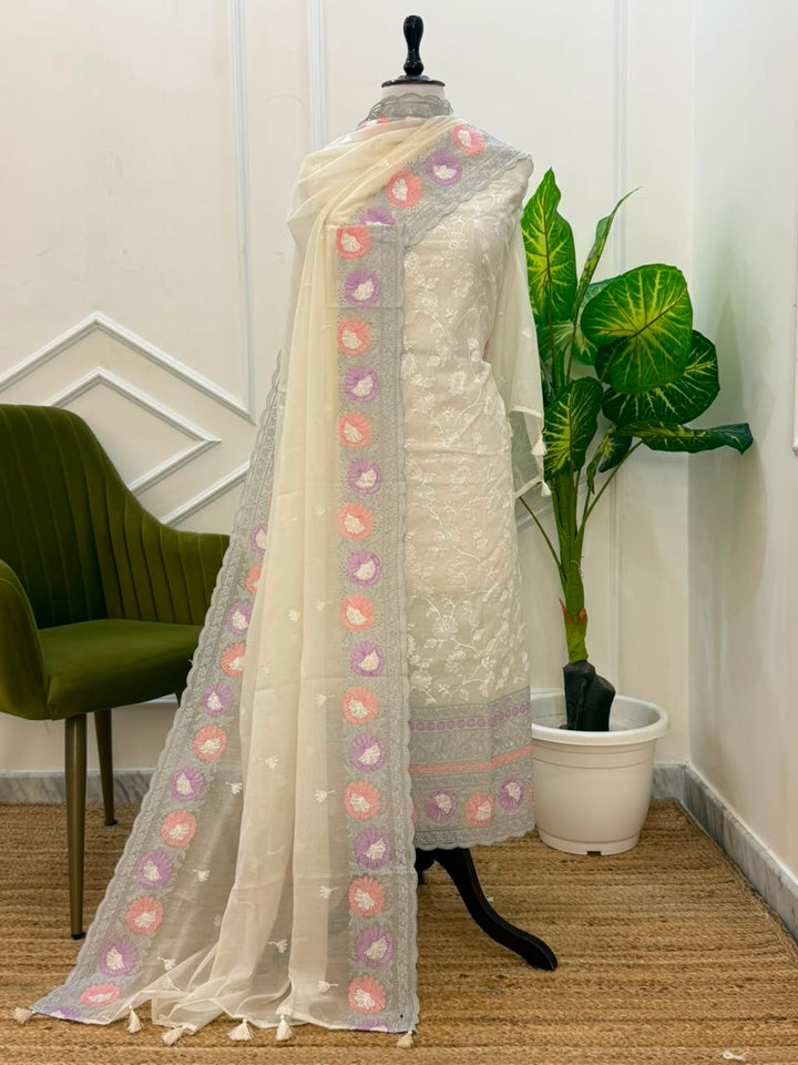 Pure Banarasi Chanderi Silk Embroidery Unstitched Suit With Chanderi Embroidery Dupatta.