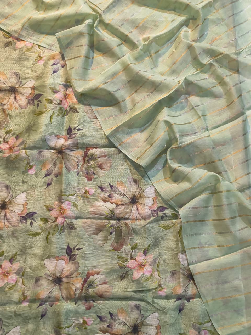 Pure Linen Silk Digital Printed Unstitched Suit  with Mulmul Silk Rupa Sona Striped Dupatta