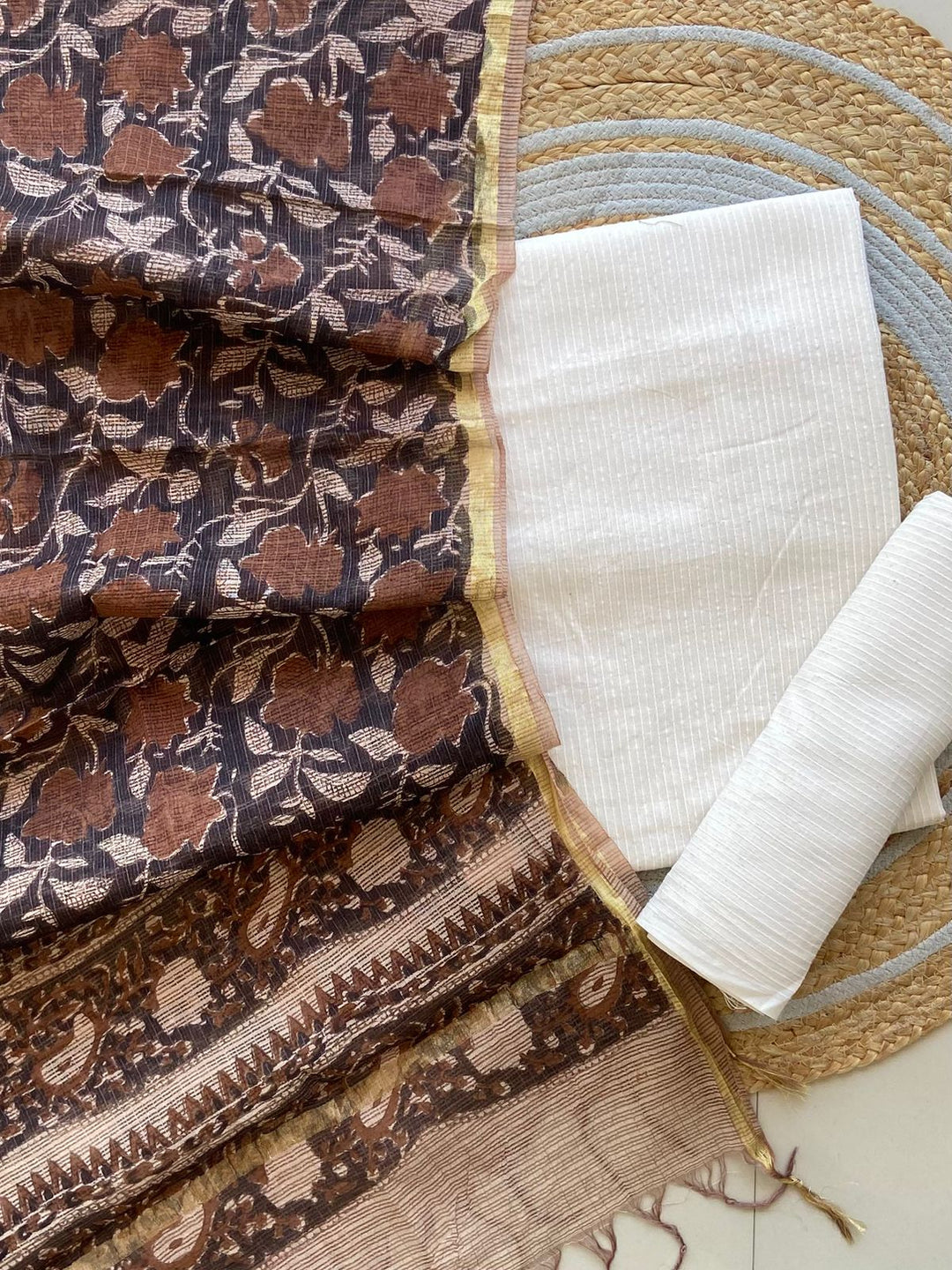 Kantha cotton kurta and bottom with kota doriya handblock print dupatta