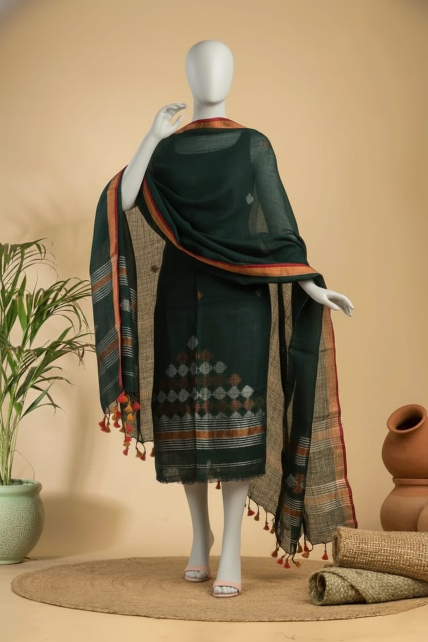 Pure JayaShare Linen 2PC Jamdani Unstitched Suit .