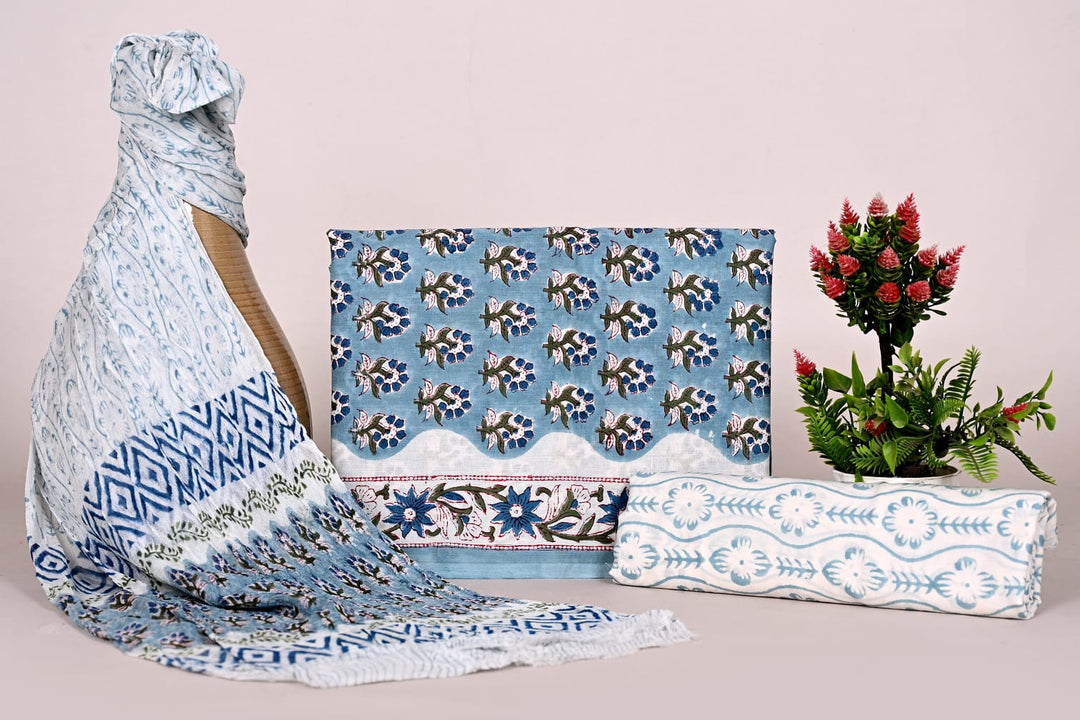 Pure Cotton Hand Block Print Unstitched Suit With Chiffon Dupatta