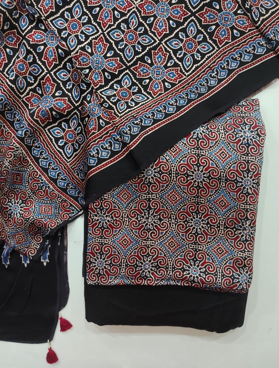 Pure Modal Silk Ajrakh Hand Block  3pc Unstitched Suit