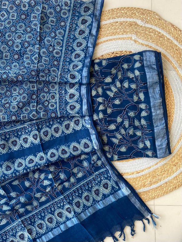 Exclusive Azrakh Hand block Pure Cotton Linen 2-Piece Unstitched Suit  With Dupatta