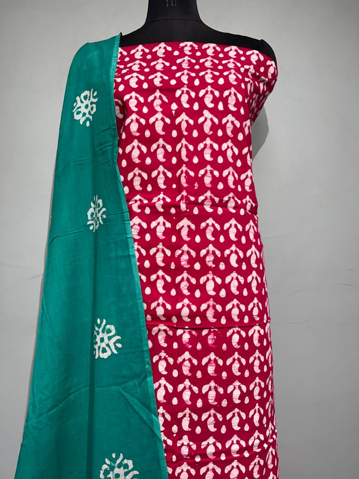 Pure Cotton Hand Block Print Unstitched Suit With Cotton Dupatta
