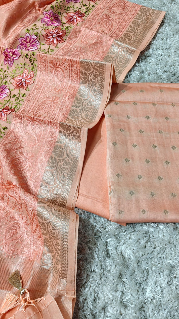 Banarasi Chanderi Silk zari  Work Unstitched Suit .Embroidery work Dupatta.