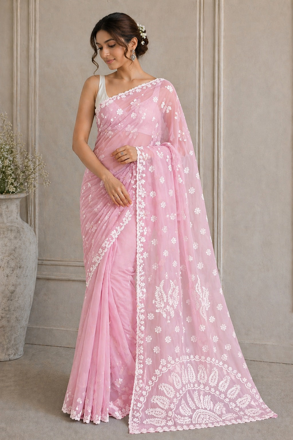 Pure Chiffon Chikankari Half Jaal Work Hand Embroidery Saree with Blouse