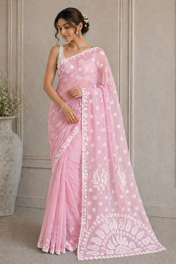 Pure Chiffon Chikankari Half Jaal Work Hand Embroidery Saree with Blouse