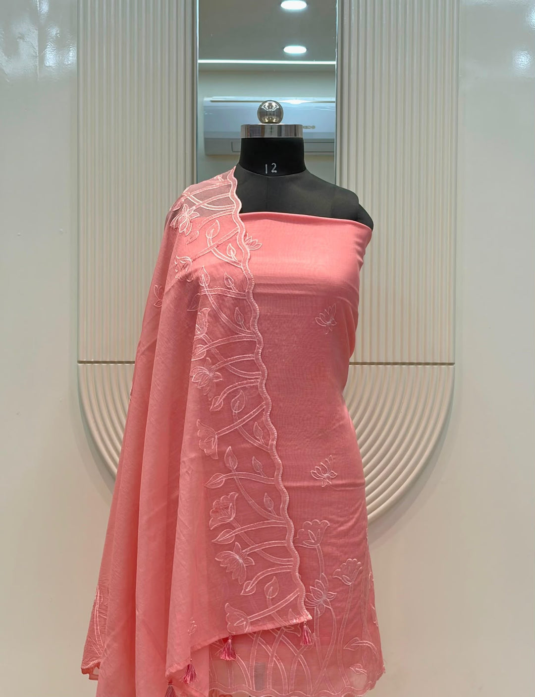 Pure Banarasi Mul Cotton Unstitched Suit With Applique Cut Work .
