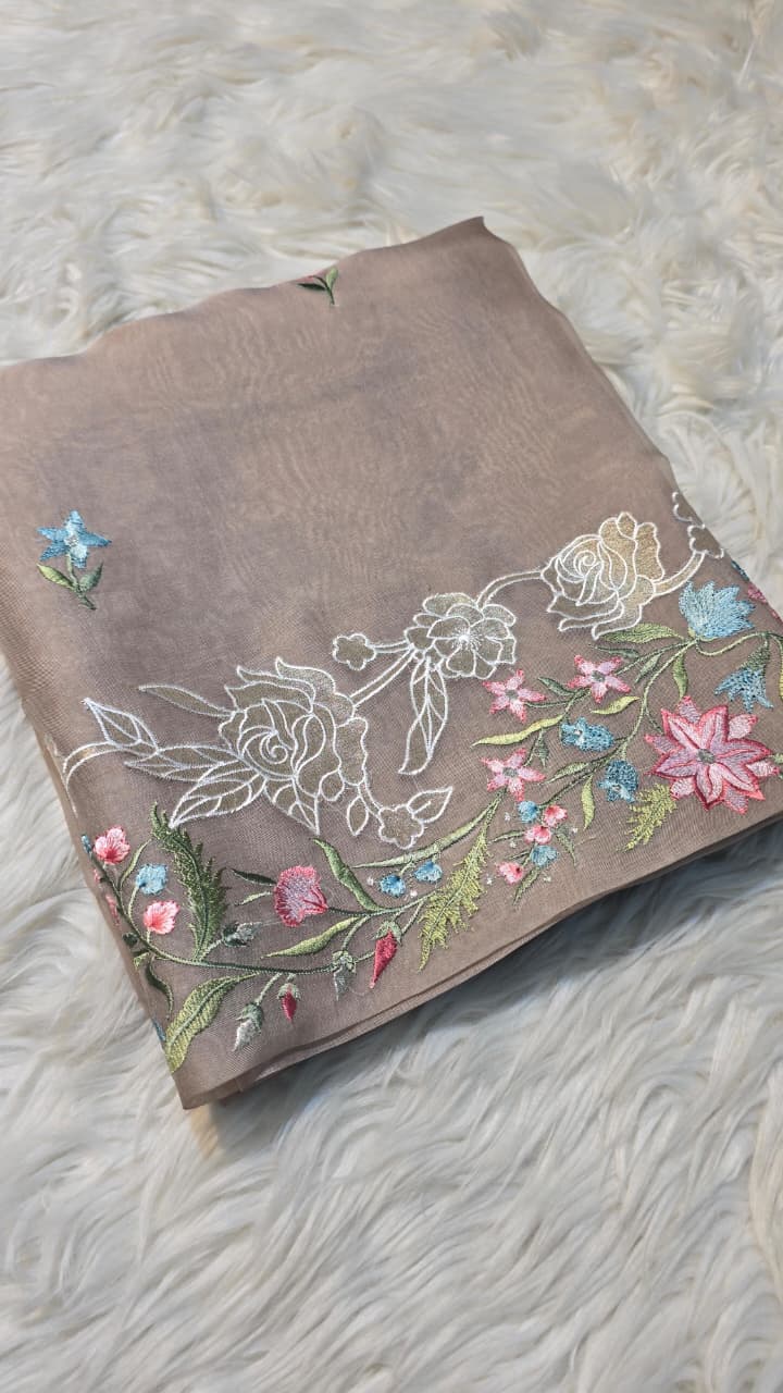 Pure Banarasi Organza Silk Applique Work Unstitched Suit.