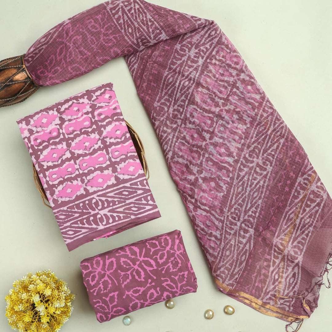 Pure Cotton Hand block print Unstitched Suit with Kota Dupatta .