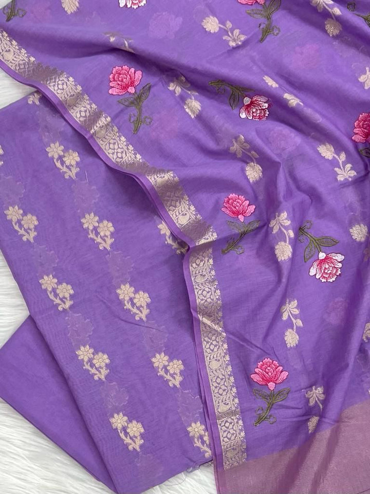 Banarasi Chanderi Silk Zari Weaved Unstitched Suit With Chanderi Silk Embroidery Work Dupatta.