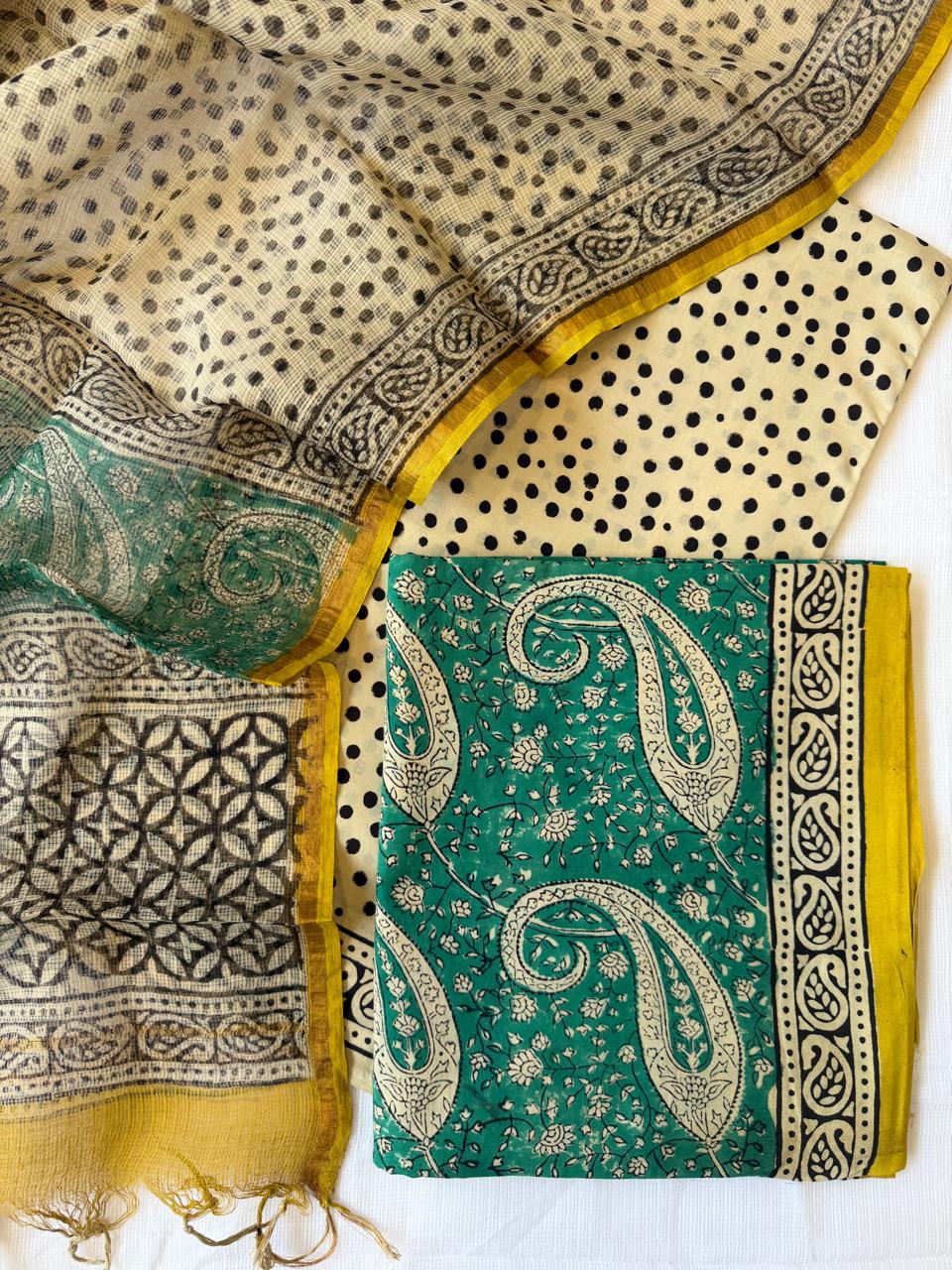 Pure Cotton Hand block print Unstitched Suit with Kota Dupatta
