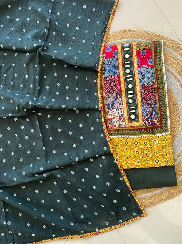 Pure Cotton Azrakh Print Unstitched Suit With Heavy Mirror Work