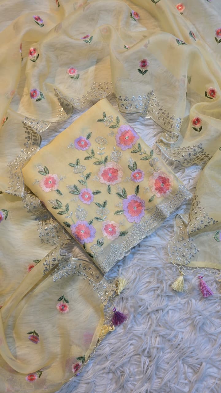 Pure Banarasi Organza Silk Embroidery Unstitched Suit.