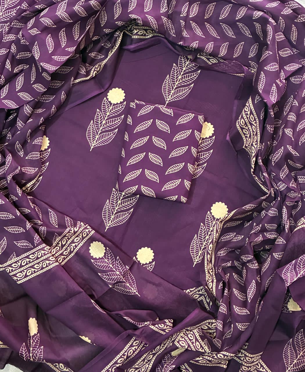 Pure Cotton Hand Block Print Unstitched Suit With Cotton  Dupatta .