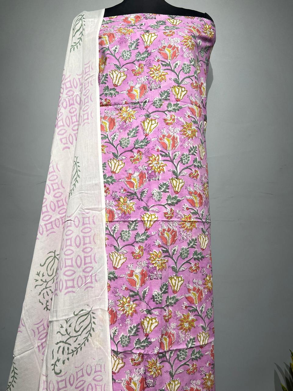 Pure Cotton Hand Block Print Unstitched Suit With Cotton Dupatta