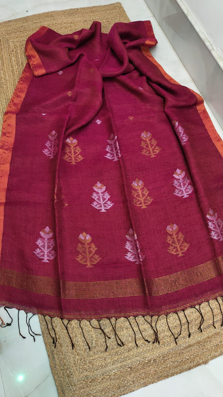 Pure Linen Tissue jamdani Saree With Blouse.