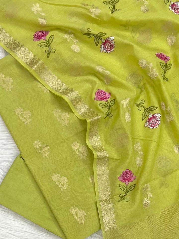 Banarasi Chanderi Silk Zari Weaved Unstitched Suit With Chanderi Silk Embroidery Work Dupatta.