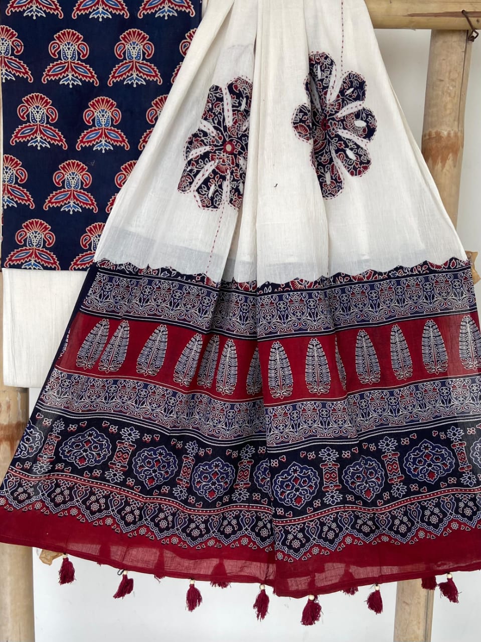Pure Cotton Azrakh Print Unstitched suit Whit Patch Work Dupatta .