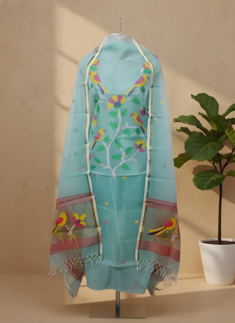 Pure Maslin Silk 2PC Jamdani Unstitched Suit .