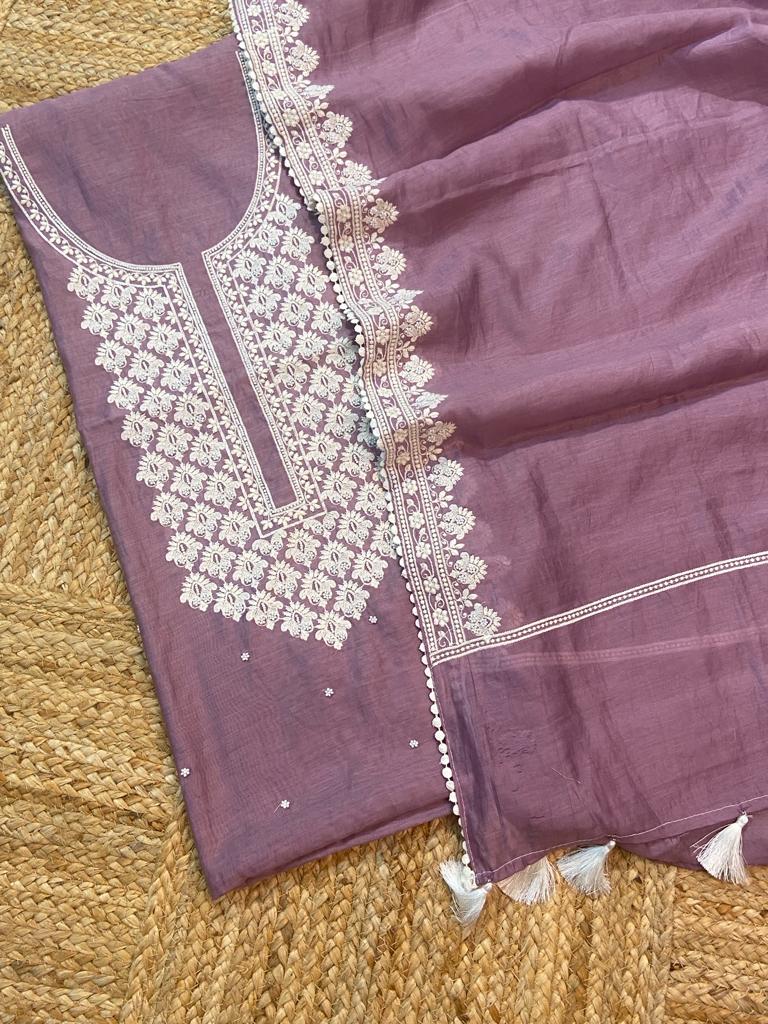 Pure Banarasi Mul-mul Chanderi Moti work weaved unstitched suit.