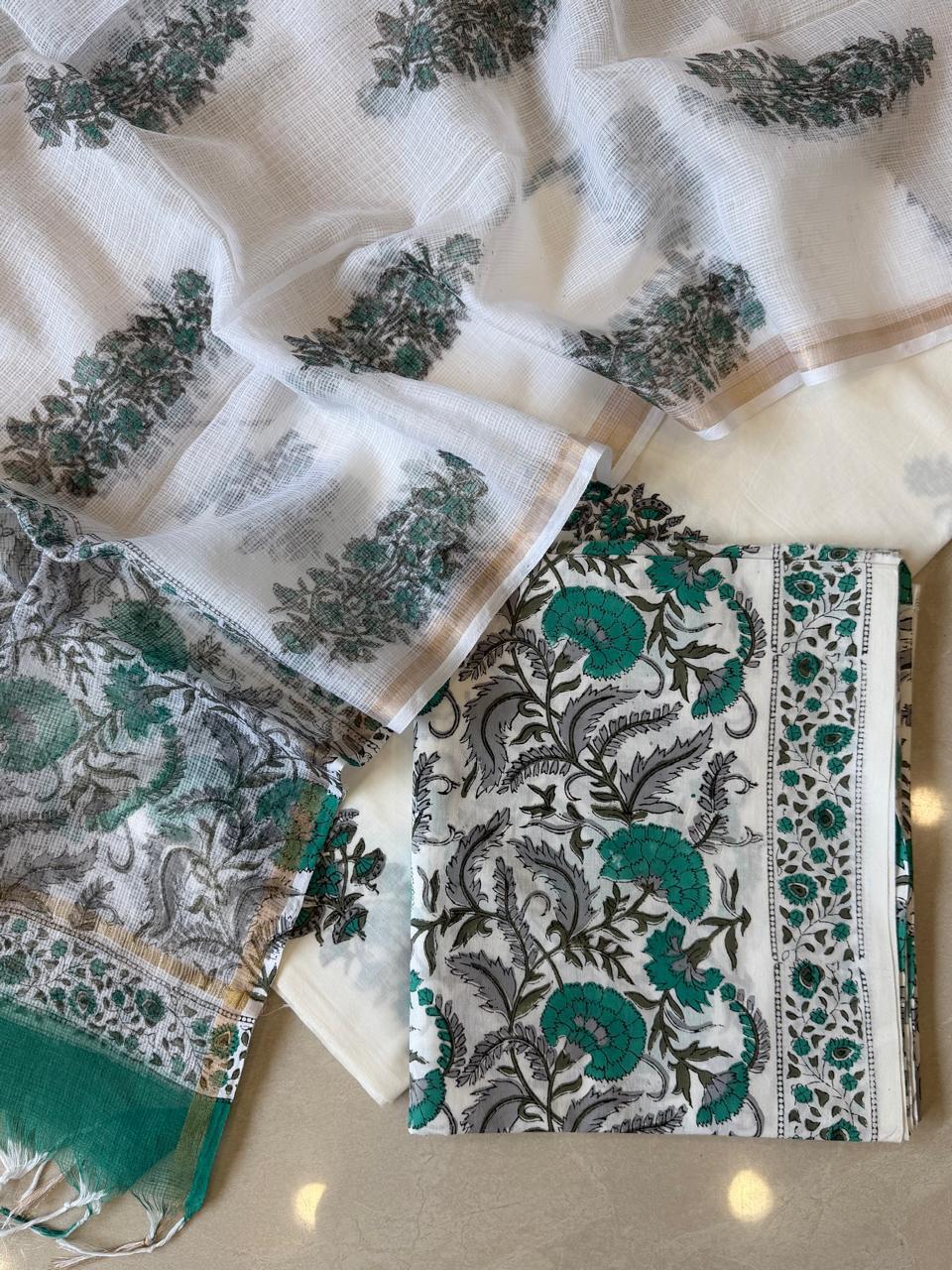 Pure Cotton Hand block print Unstitched Suit with Kota Dupatta