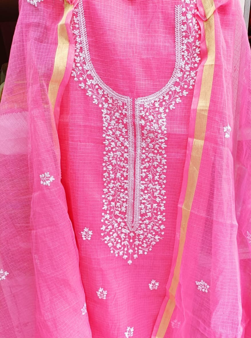 Pure Cotton Kota Doriya Embroidery Unstitched Suit With Dupatta (Without Bottom )