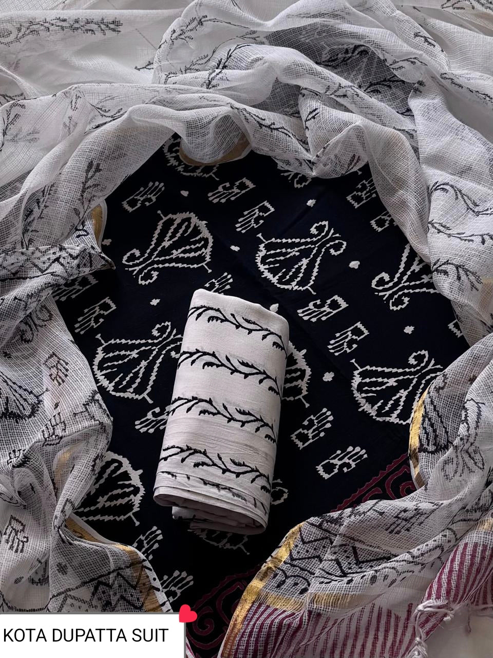 Pure Cotton Hand block print Unstitched Suit with Kota Dupatta