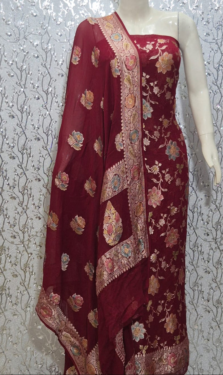Pure Khaddi Chiffon Unstitched Suit With Water Zari Work.