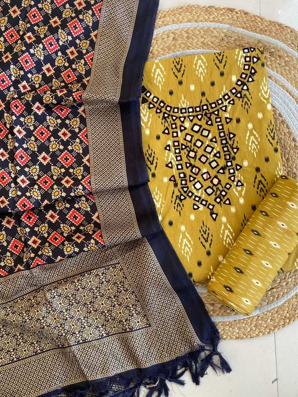 Pure Cotton Azrakh Print Unstitched Suit With Dola Silk Printed Dupatta