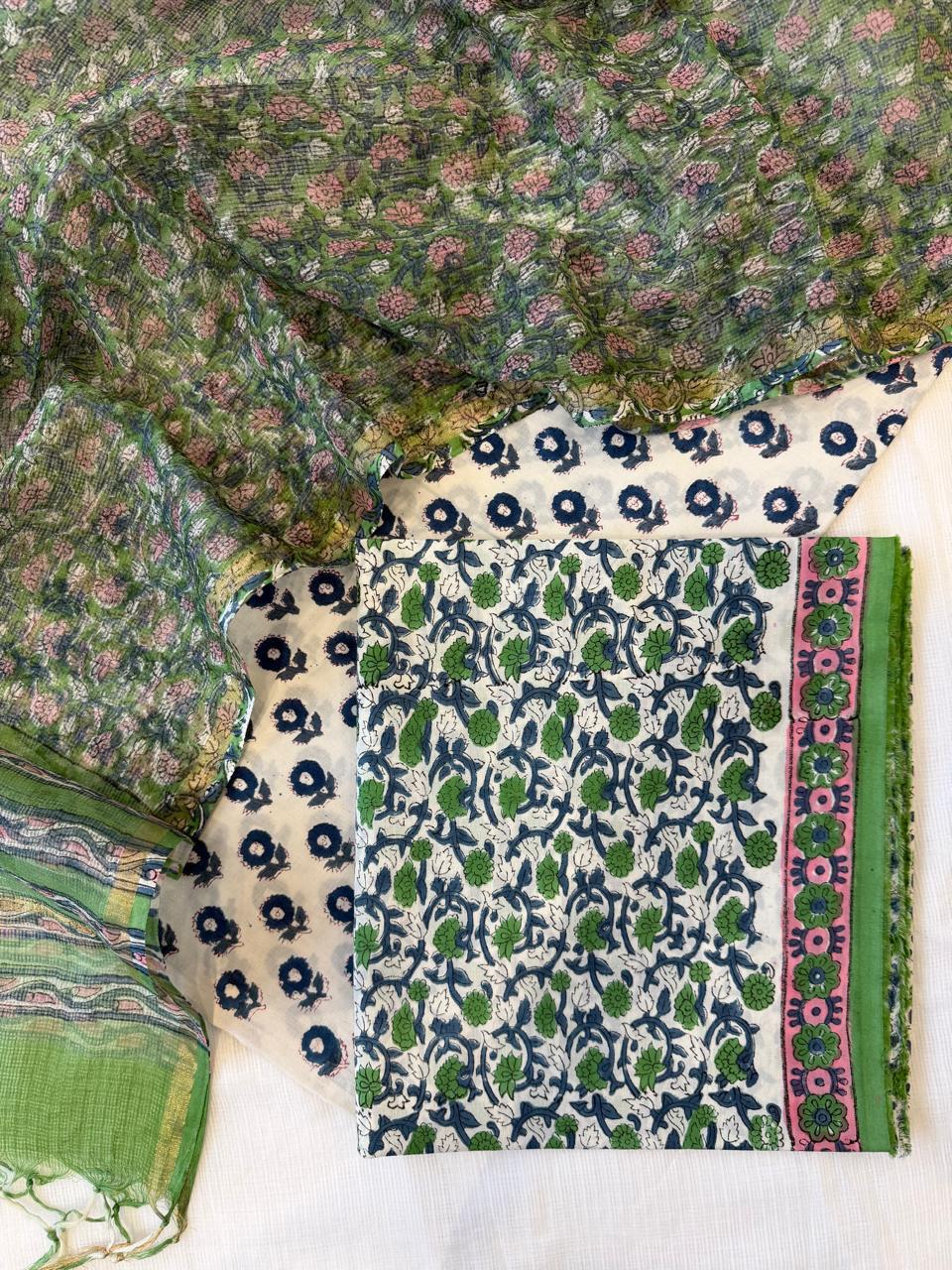 Pure Cotton Hand block print Unstitched Suit with Kota Dupatta
