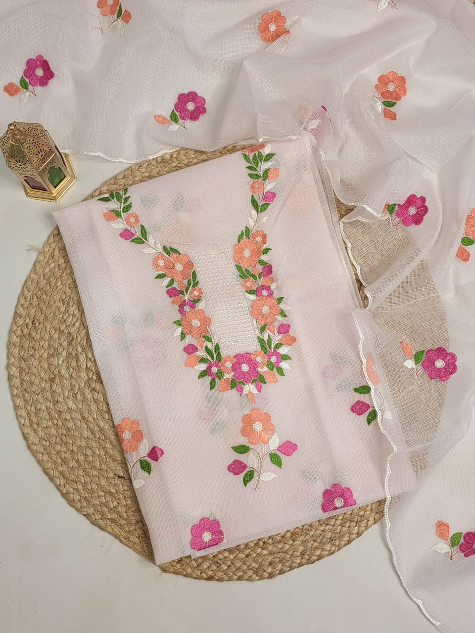 Exclusive Pure Kota Cotton Unstitched Suit With Embroidery Work