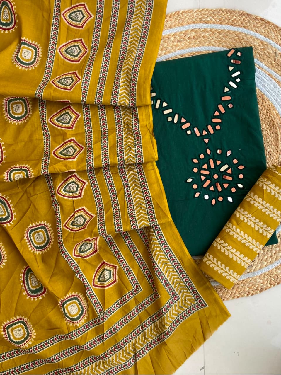 Pure Cotton Azrakh Print Unstitched Suit With heavy mirror work