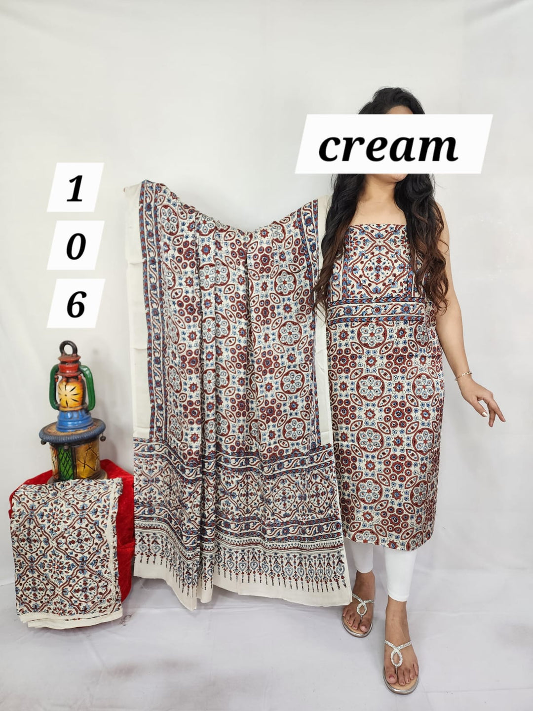 Pure modal silk ajrakh natural 3pc Unstitched  suit