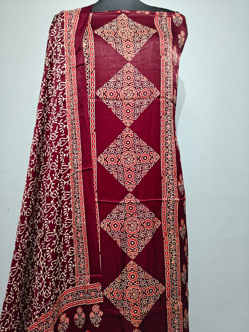 Pure Modal Silk Ajrakh Hend Block Zari Pallu Weaved 3pc Unstitched Suit