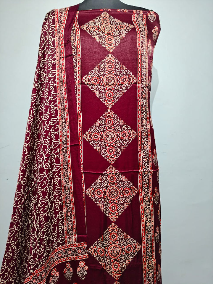 Pure Modal Silk Ajrakh Hend Block Zari Pallu Weaved 3pc Unstitched Suit