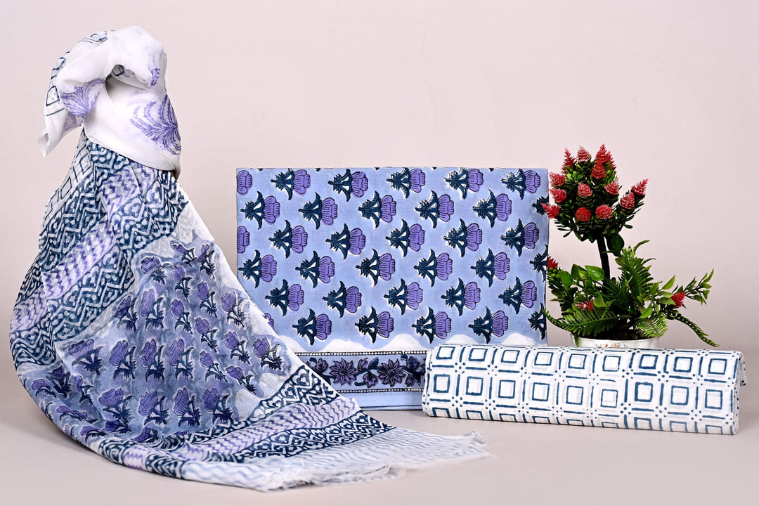 Pure Cotton Hand Block Print Unstitched Suit With Chiffon Dupatta