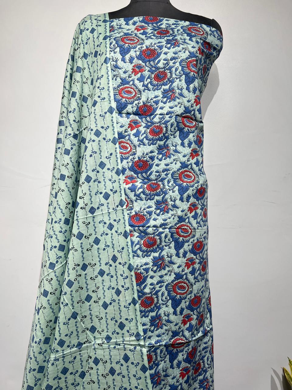 Pure Cotton Hand Block Print Unstitched Suit With Cotton Dupatta