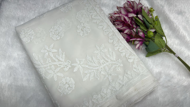 Pure Chiffon Chikankari Half Jaal Work Hand Embroidery Saree with Blouse
