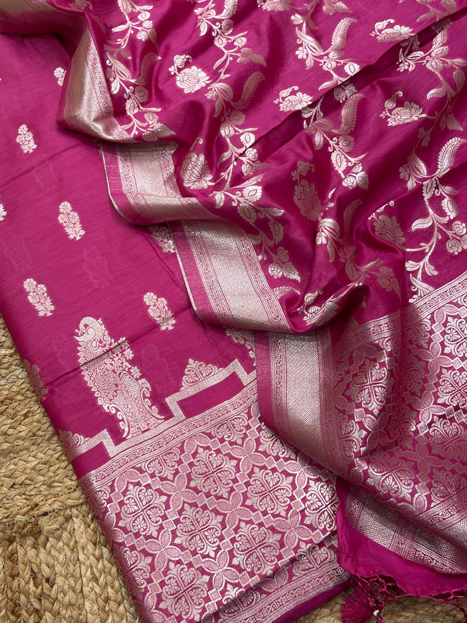 Pure Banarasi  Chanderi Silk Zari Work Unstitched Suit