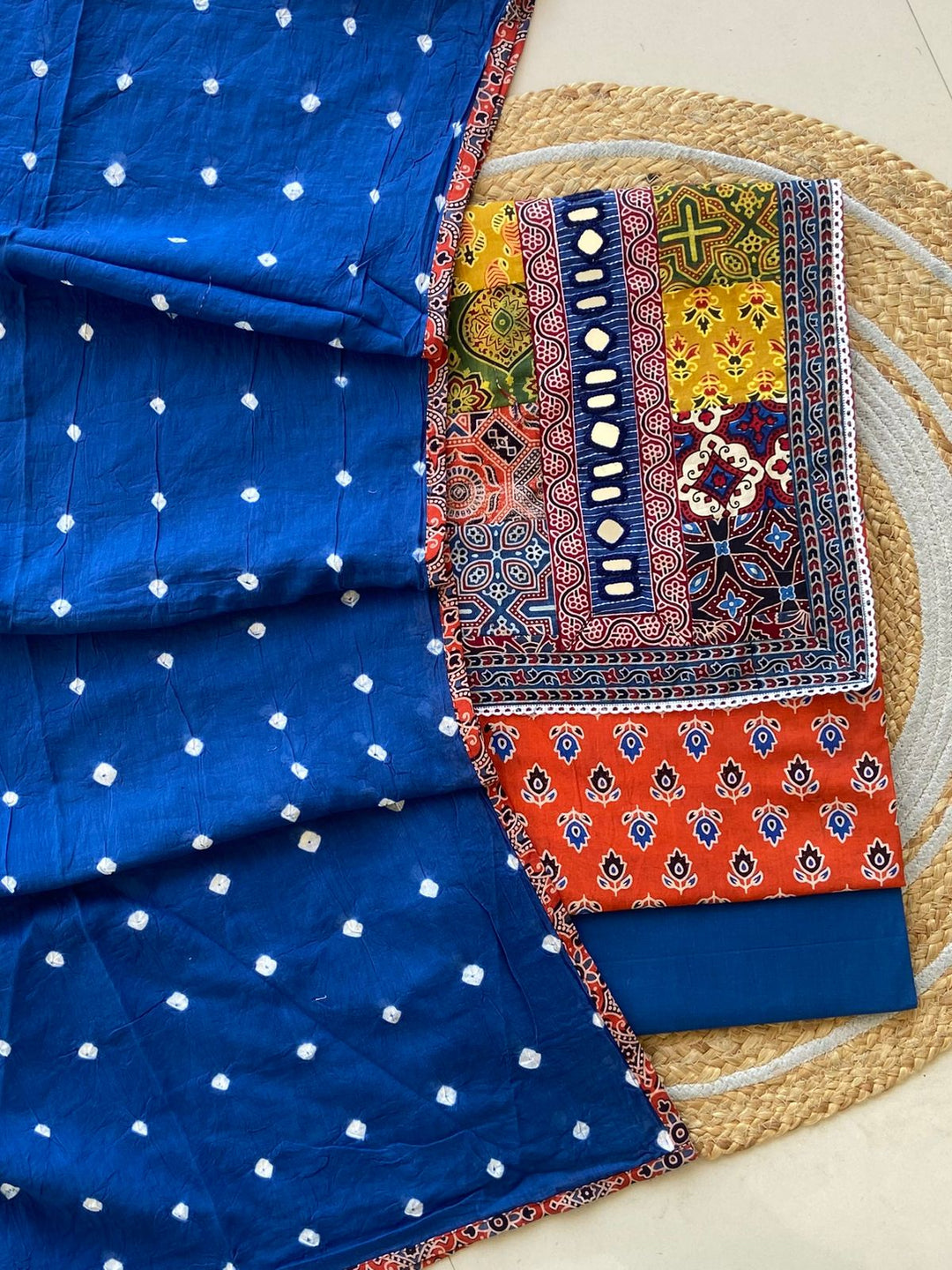 Pure Cotton Azrakh Print Unstitched Suit With Heavy Mirror Work