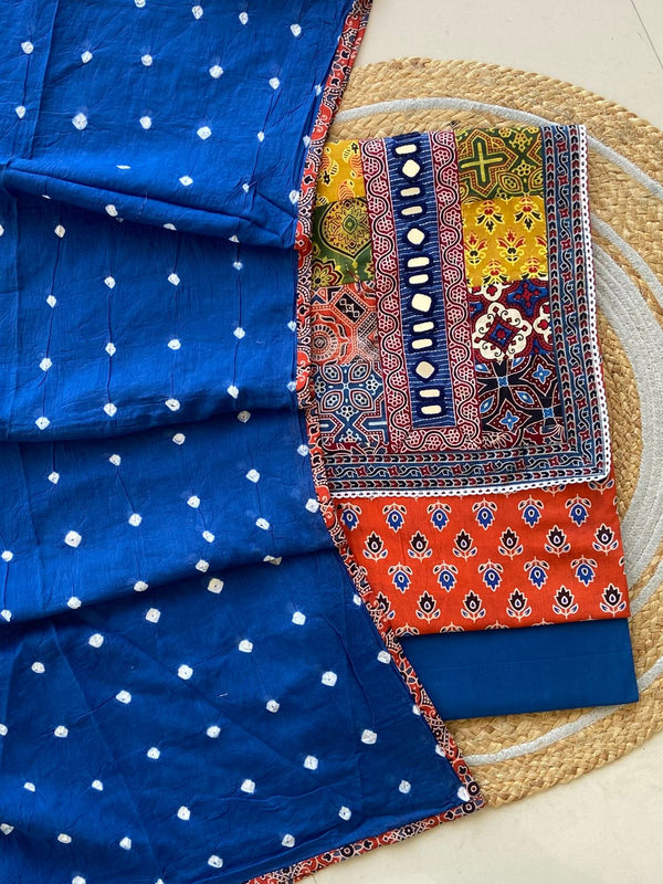 Pure Cotton Azrakh Print Unstitched Suit With Heavy Mirror Work
