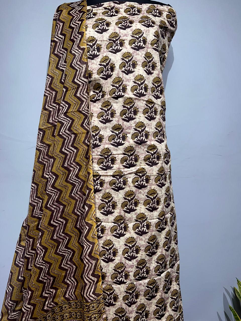 Pure Cotton Hand Block Print Unstitched Suit With Cotton Dupatta