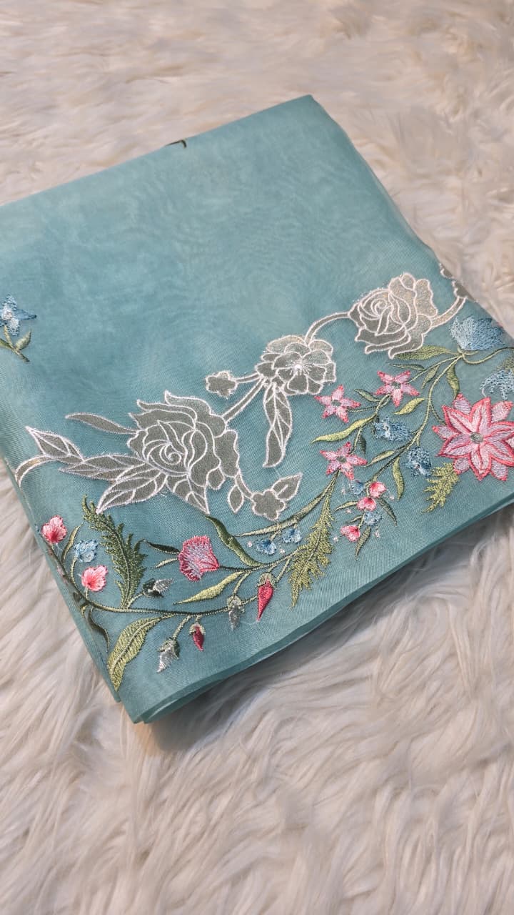 Pure Banarasi Organza Silk Applique Work Unstitched Suit.