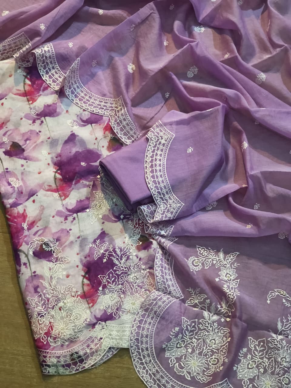 Pure Mulmul Silk Embroidery Print Unstitched Suit  with Mulmul Silk Dupatta
