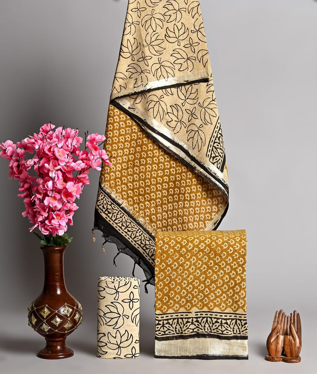 Hand Block Printed Linen Unstitched Suit .