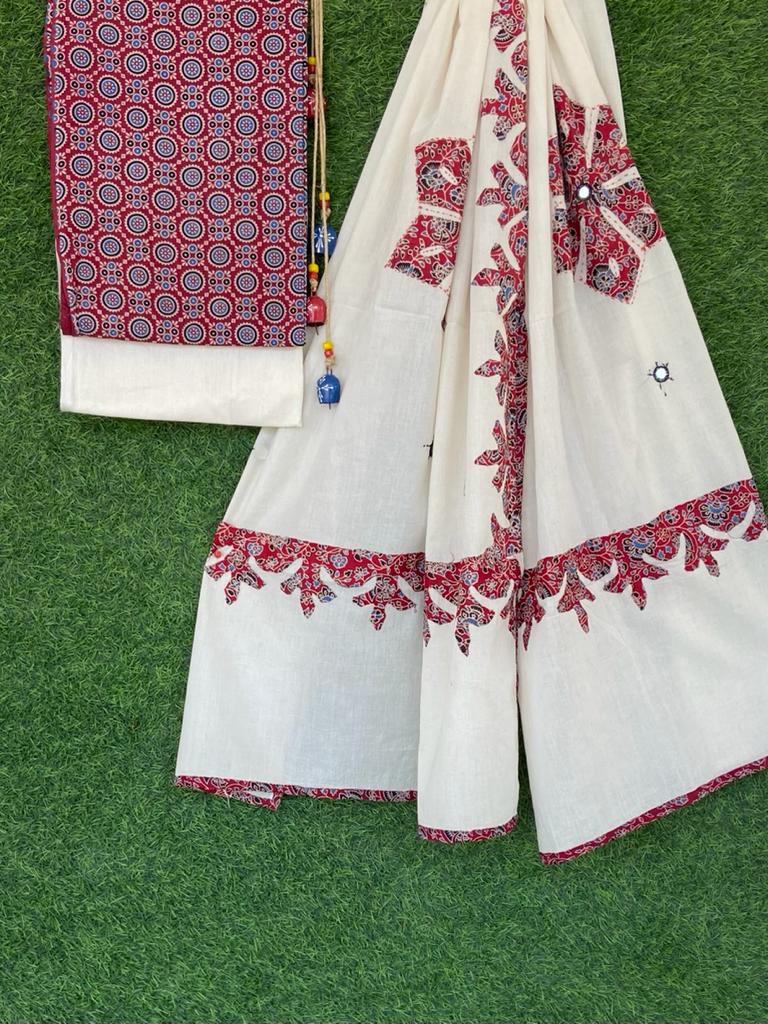 Handblock Pure Cotton Azrakh Print Unstitched Suit With Patch Work Dupatta .